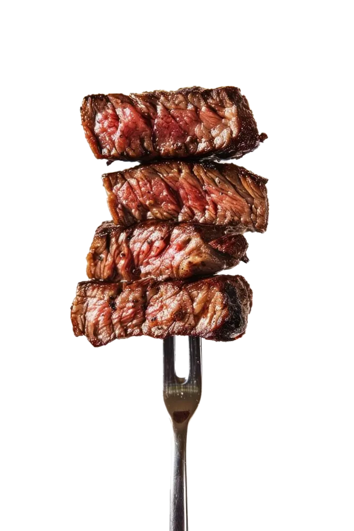 Fresh steak cuts on a fork